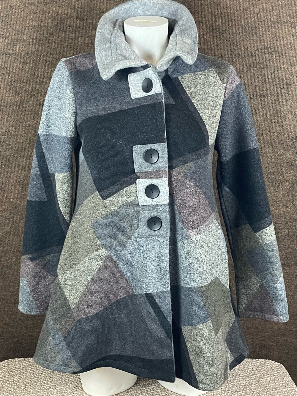 Damee Jacket Womens PM Swing Coat Artsy Cozy Soft Big Buttons Fun Pockets R3